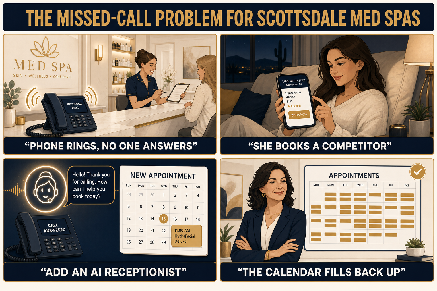 Four-panel story titled 'The missed-call problem for Scottsdale med spas': a phone rings unanswered during a treatment, the caller books a competitor, the studio adds an AI receptionist that answers 24/7, and the calendar fills back up