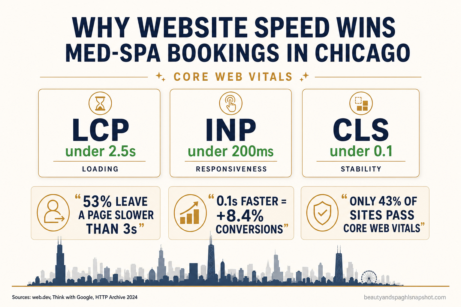 Infographic titled 'Why website speed wins med-spa bookings in Chicago' showing the three Core Web Vitals good thresholds — LCP under 2.5 seconds, INP under 200 milliseconds, CLS under 0.1 — alongside key stats: 53% of mobile visitors leave a page slower than 3 seconds, a 0.1-second faster load lifts conversions 8.4%, and only 43% of mobile sites pass Core Web Vitals