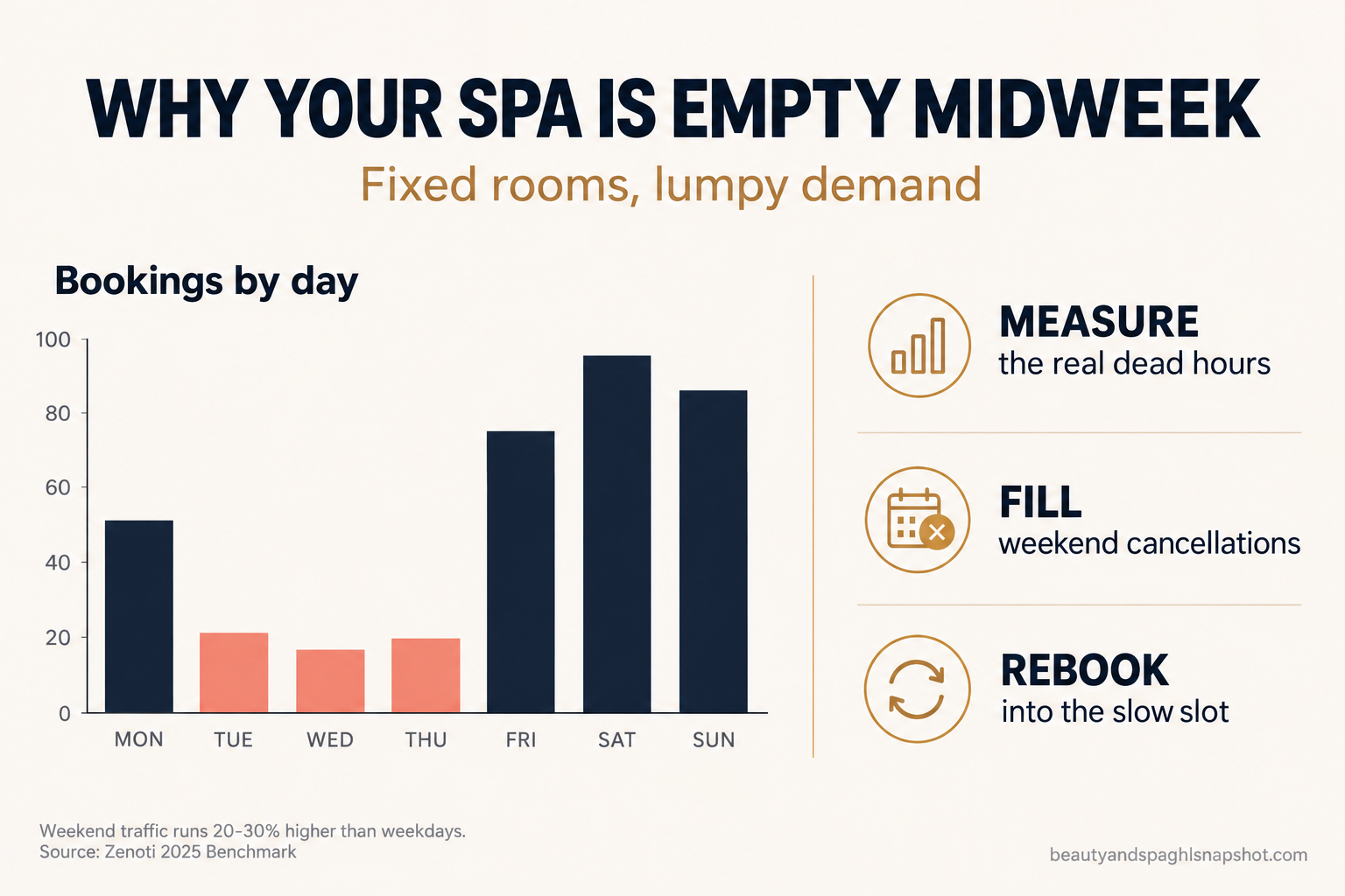 Infographic titled Why Your Spa Is Empty Midweek showing a bookings-by-day bar chart with Tuesday through Thursday low and Friday through Sunday high, plus three fixes: measure dead hours, fill weekend cancellations, rebook into the slow slot